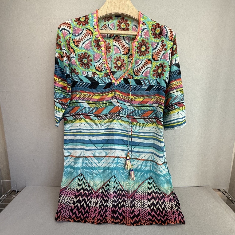 Jedzebel Tunic Top Coverup Medium Boho Floral Mixed Print Beaded Tassel Sheer‎